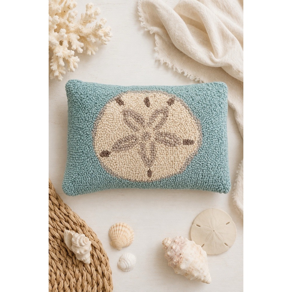 Coastal Sand Dollar Wool Hook Pillow 8 X 12 Aqua Blue Zipper Insert Beach Decor